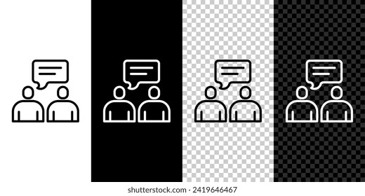 Fijar la línea Dos hombres sentados hablando icono aislado en negro y blanco, fondo transparente. Charla de burbuja de discursos. Icono de mensaje. Símbolo de chat de comunicación o comentario.  Vector