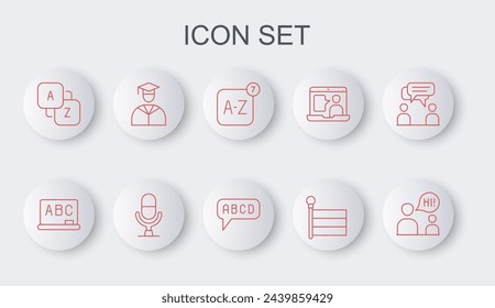 Set line Two sitting men talking, Chalkboard, Online translator, Flag, Vocabulary, Graduate and graduation cap, Microphone voice device and Alphabet icon. Vector