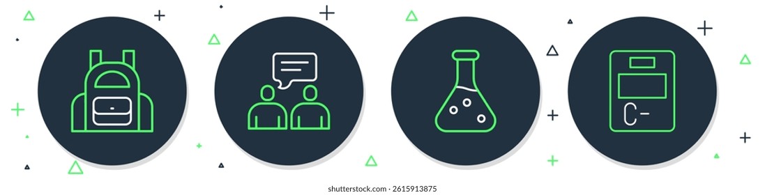 Set line Two sitting men talking, Test tube, School backpack and Exam paper with incorrect answers icon. Vector