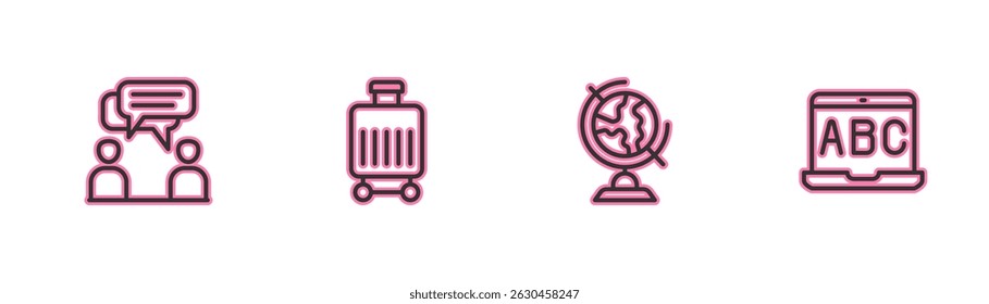 Set line Two sitting men talking, Earth globe, Suitcase and Foreign language online study icon. Vector