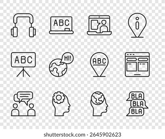 Set line Two sitting men talking, Speech bubble chat, Foreign language online study, Head with gear inside, Headphones, Learning foreign languages,  and Online translator icon. Vector