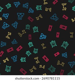 Set line Dois homens sentados conversando, relógio de alarme, lâmpada de mesa e armário ou sala de mudança em padrão sem costura. Vetor