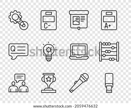 Set line Two sitting men talking, USB flash drive, Projection screen, Award cup, Timing belt kit, Light bulb, Microphone and Abacus icon. Vector