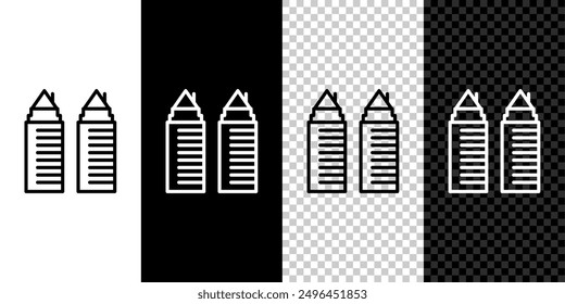 Set line Two tall residential towers in the Dnipro city icon isolated on black and white background.  Vector