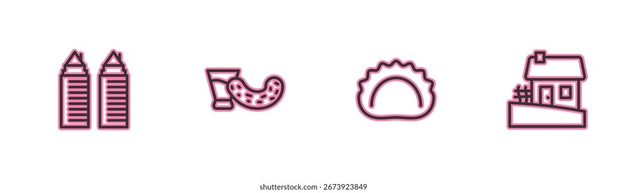 Set line Dos torres en Dnipro, Dumplings, Vaso con vodka e ícono ucraniano de la casa. Vector