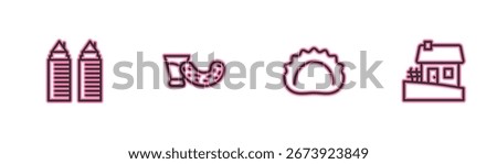 Set line Two towers in Dnipro, Dumplings, Glass with vodka and Ukrainian house icon. Vector
