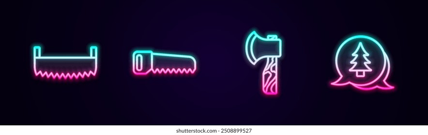 Set Linie Zweihandsäge, Hand, Holzaxt und Baum. Leuchtendes Neonsymbol. Vektorgrafik