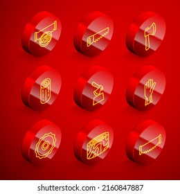 Fijar línea Viñeta y tronco de dos manos, Mano, Raíz de madera, troncos, en trozo, Guantes protectores, cuchilla circular e icono de árbol. Vector