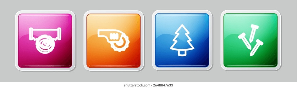 Set line Two-handed saw and log, Electric circular, Christmas tree and Metallic nails. Colorful square button. Vector