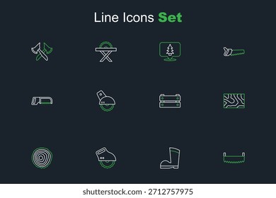 Sierra para dos manos, bota de goma impermeable, circular eléctrico, anillos de árbol, viga de madera, caja e icono de sierra de arco. Vector