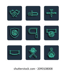 Set line Two-handed saw, Wooden logs on stand, Grapple crane grabbed, Metallic nail, Hacksaw, axe and  icon. Vector
