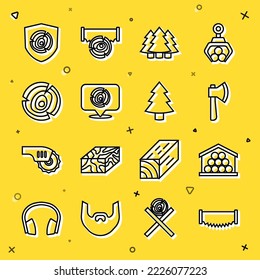 Set line Two-handed saw, Wooden logs, axe, Christmas tree,  and  icon. Vector
