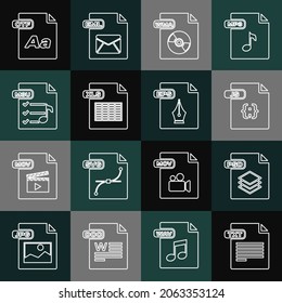 Set line TXT file document, PSD, JS, WMA, XLS, M3U, OTF and EPS icon. Vector