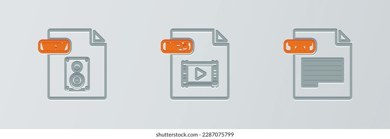 Establecer el documento de archivo TXT de línea, icono WAV y MP4. Vector