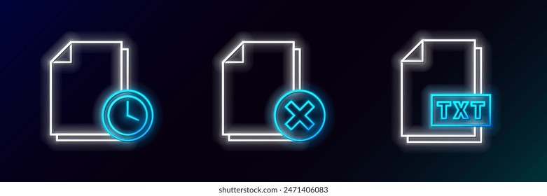 Establecer documento de archivo TXT de línea, Documento con reloj e icono de Borrar. Neón brillante. Vector