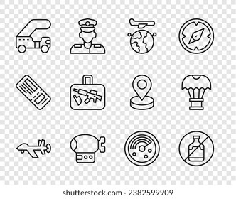 Set line UAV Drone, No alcohol, Globe with flying plane, Airship, Passenger ladder, Suitcase, Radar targets monitor and Box parachute icon. Vector