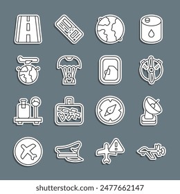 Set line UAV Drone, Radar, Plane propeller, Worldwide, Parachute, Globe with flying plane, Airport runway and Airplane window icon. Vector