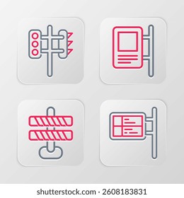 Set line ublic transport board, Road barrier, traffic sign and Traffic light icon. Vector