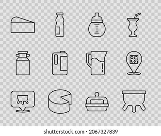 Set line Udder, Baby milk in a bottle, Cheese, Milk plastic, Butter butter dish and  icon. Vector