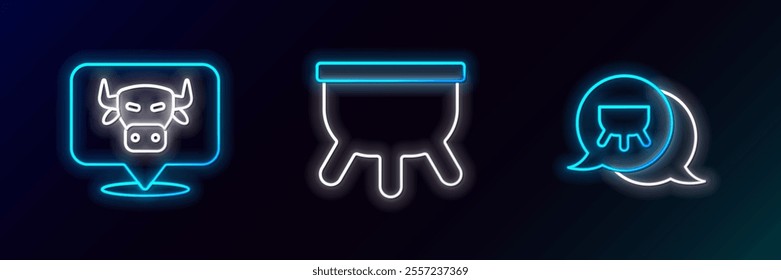 Set line Udder, Cow head and  icon. Glowing neon. Vector