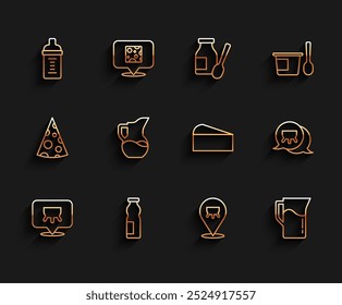 Set line Udder, Drinking yogurt in bottle, Baby milk a, Milk jug or pitcher,  and Cheese icon. Vector