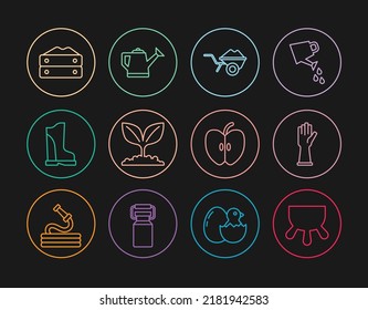 Set line Udder, Rubber gloves, Wheelbarrow with dirt, Plant, Waterproof rubber boot, Bag flour, Apple and Watering can icon. Vector