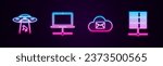 Set line UFO abducts cow, Computer network, Cloud mail server and Server, Data, Web Hosting. Glowing neon icon. Vector