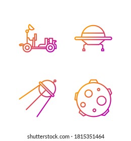 Set line UFO abducts cow, Satellite, Mars rover and UFO flying spaceship. Gradient color icons. Vector