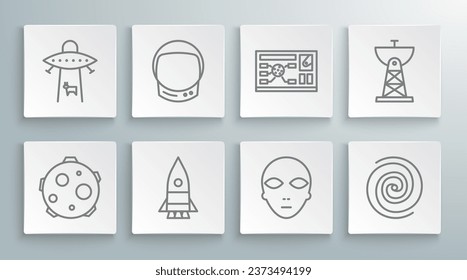 Set line UFO abducts cow, Astronaut helmet, Rocket ship, Alien, Black hole, Futuristic hud interface, Satellite dish and Planet icon. Vector