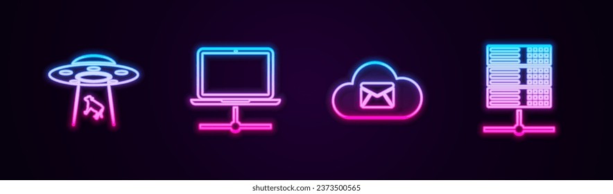 Establecer línea OVNI secuestra vacas, red de computadoras, servidor de correo de nube y servidor, datos, alojamiento web. Icono de neón brillante. Vector