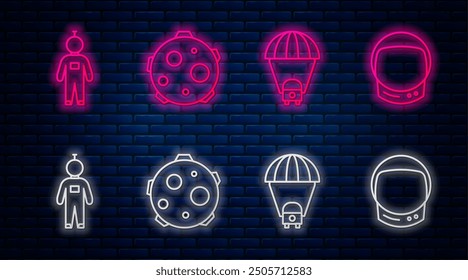 Set line UFO abducts cow, Planet Saturn, Astronaut and Astronaut helmet. Glowing neon icon on brick wall. Vector