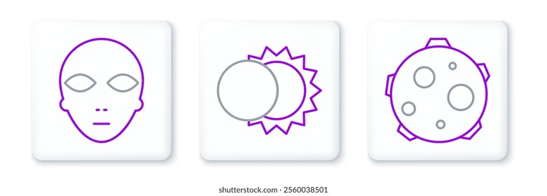 Set line UFO abducts cow, Alien and Eclipse of the sun icon. Vector