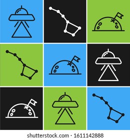 Set line UFO flying spaceship, Planet with flag and Great Bear constellation icon. Vector