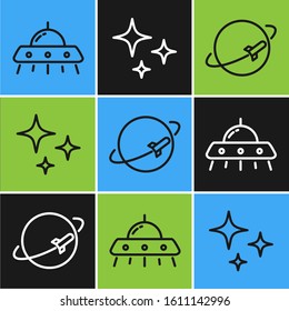 Set line UFO flying spaceship, Planet and Falling star icon. Vector