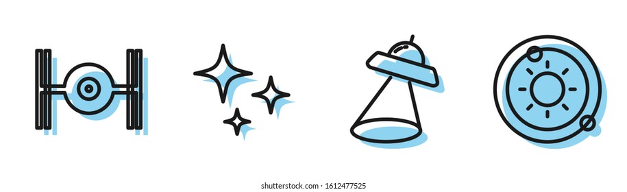 Set line UFO flying spaceship, Cosmic ship, Falling star and Solar system icon. Vector