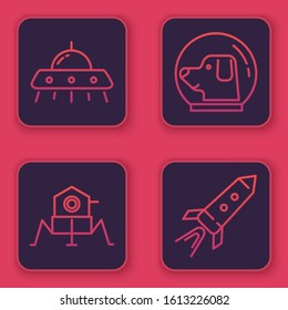 Set line UFO flying spaceship, Mars rover, Dog in astronaut helmet and Rocket ship with fire. Blue square button. Vector