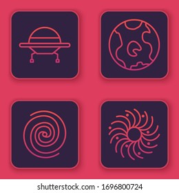 Set line UFO flying spaceship, Black hole, Earth globe and Black hole. Blue square button. Vector