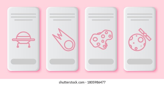 Set line UFO flying spaceship, Comet falling down fast, Asteroid and Satellites orbiting the planet Earth. White rectangle button. Vector