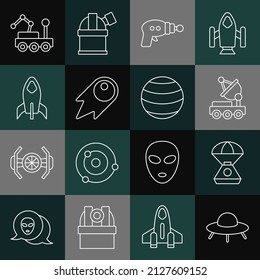 Set Line UFO fliegende Raumschiff, Raumkapsel, Mars Rover, Ray gun, Comet fällt schnell, Rakete und Planet Symbol. Vektorgrafik