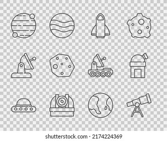 Set line UFO flying spaceship, Telescope, Rocket, Astronomical observatory, Planet, Asteroid, Earth globe and  icon. Vector