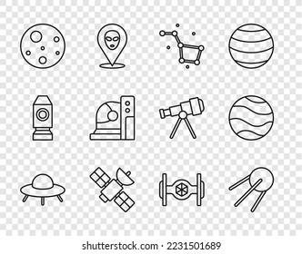 Set line UFO flying spaceship, Satellite, Great Bear constellation, Planet Mars, Astronaut helmet, Cosmic and  icon. Vector