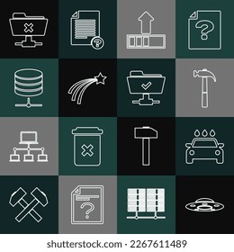 Set line UFO flying spaceship, Car wash, Hammer, Loading, Falling star, Server, Data, Web Hosting, FTP cancel operation and successful icon. Vector