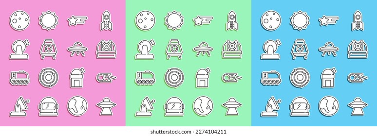 Set line UFO flying spaceship, Comet falling down fast, Astronomical observatory, Falling star, Mars rover, Planet and  icon. Vector