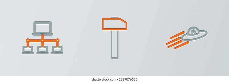 Establezca la línea de la nave espacial voladora de OVNI y el alienígena, la red informática y el icono de martillo. Vector
