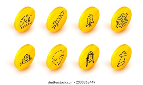 Set line UFO flying spaceship, Robot, Alien, Mars rover, Earth structure, Rocket with fire,  and Astronaut helmet icon. Vector