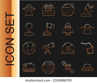 Set line UFO flying spaceship, Great Bear constellation, Planet, Moon with flag, Joystick,  and Rocket icon. Vector