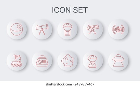 Set line UFO flying spaceship, Mars rover, Box on parachute, Space capsule, Planet, Telescope,  and Asteroid icon. Vector