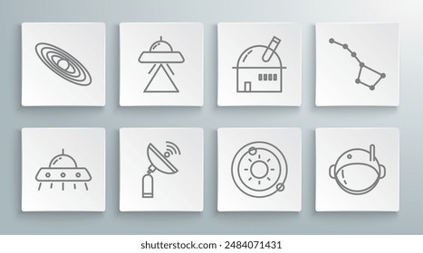 Set line UFO flying spaceship, Radar, Solar system, Astronaut helmet, Astronomical observatory, Great Bear constellation and Planet icon. Vector