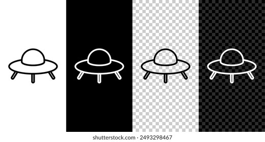 Set line UFO flying spaceship icon isolated on black and white, transparent background. Flying saucer. Alien space ship. Futuristic unknown flying object.  Vector