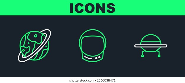 Set line UFO flying spaceship, Space capsule and parachute and Astronaut helmet icon. Vector